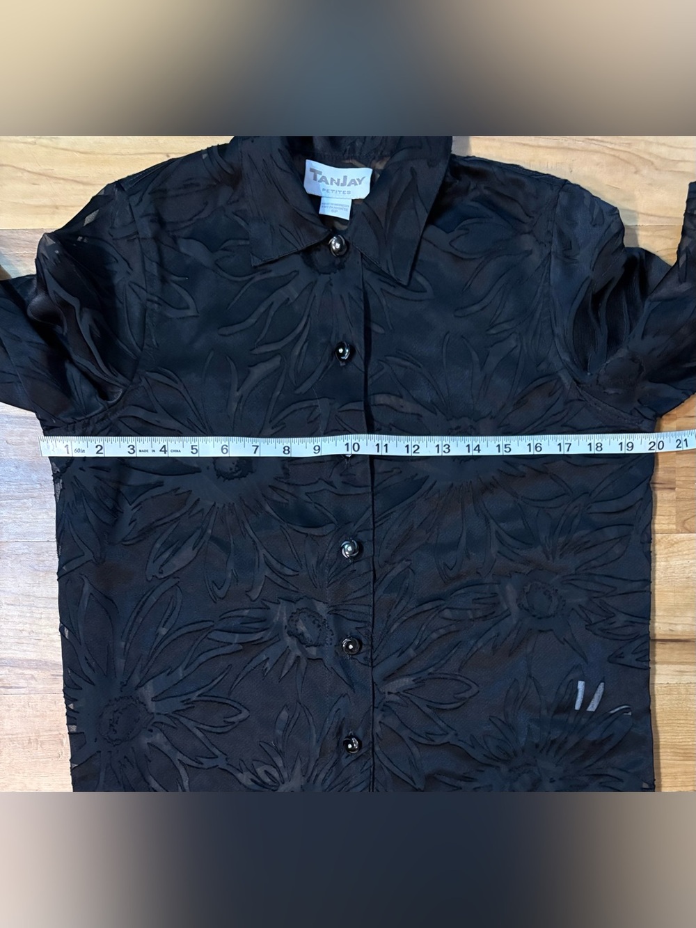 TanJay Sheer Black Floral Organza Blouse with Rhinestone Buttons, Petite Size 6 - Picture 6 of 9
